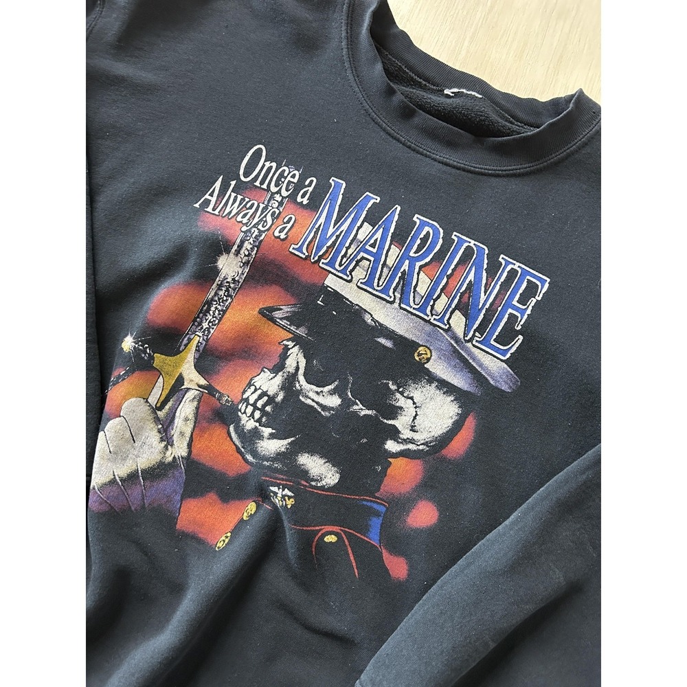 Vintage 90s Marine Corps Sweatshirt Mens XL Black Skull Graphic Crewneck - Picture 2 of 6